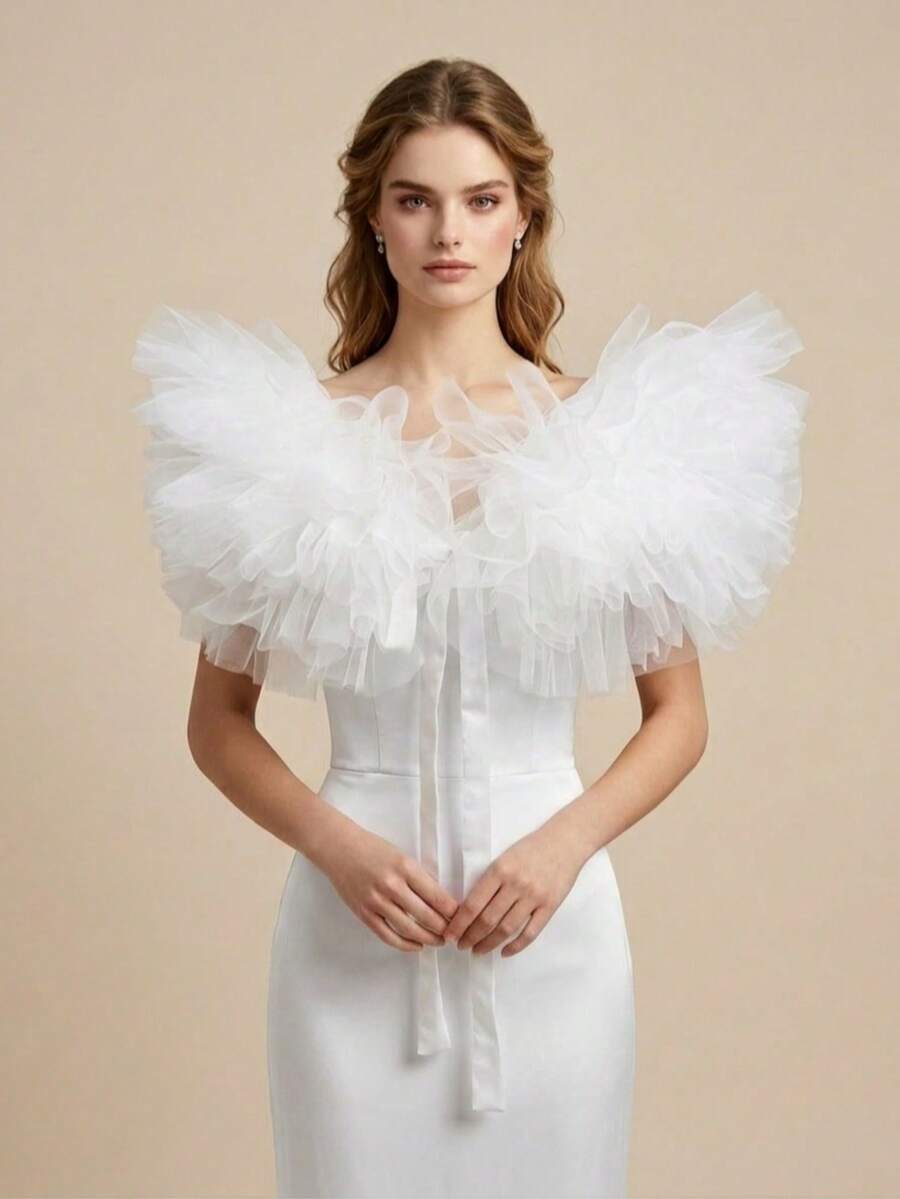 1 buah Aksesori Kerah Jubah Pendek Pengantin dari Tulle Putih Mengembang - MultiWarna - View 1