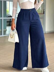 Women's Fashion Polyester Wide Leg Pants With Pockets, Long Corduroy Flare Pants, Suitable For Autumn Wear - Navy Blue - View 3