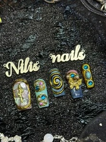 10pcs Handmade Fully Covered Square Nails Press On Nails, Mint Blue&Blue Nails, Ginger Nails, Silver Cat Eyes,Luxury Baroque Reusable Fake Nails,With Jelly Glue&Nail File,Suitable For Daily Beach Wedding, Girly Ocean Elegant Manicure Gift - Multicolor - View 7
