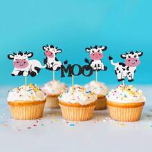 10/20pcs Cute Cow Theme Cupcake Toppers, "MOO" Party Decorations, Children's Birthday Farm Animal Cake Picks, Suitable For Baby Shower - Cow MOO - View 2
