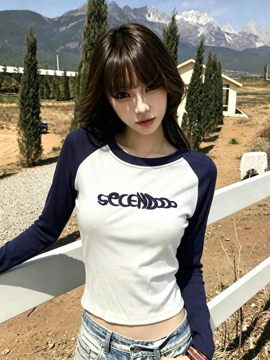 1pc Women's Ribbed Long Sleeve Knit T-Shirt, Embroidered Letter, Short Contrast Raglan Sleeve Top, Slimming Fitted Top For Autumn - Blue and White - View 1