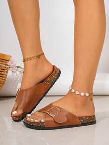 Summer New Casual Women's Flat Sandals, Metal Buckle Decor Mule Shoes With Arch Support, Simple Comfortable Daily Casual Flat Beach Shoes, Women's Beach Sandals, Suitable For Travel, Street, Beach, Desert, Office, Apartment And Various Other Scenes, Women's Brown Sandals - Brown - View 5