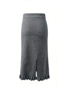Dark Gray Polka Dot Frill Trim Knitted Skirt, Straight Bodycon Slit Long Skirt For Women, Spring And Autumn - Dark Grey - View 7