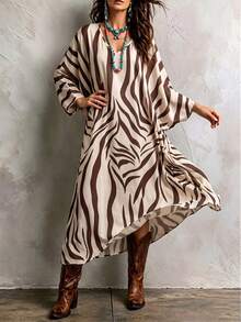Fashionable Women's White Asymmetric Neckline Pullover Design Flowy Maxi Dress, Suitable For Elegant Occasions - Apricot - View 3