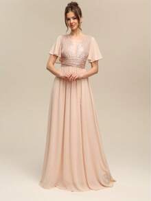 Women's Sequin Patchwork Pleated Elegant Waist Formal Dress Wedding Party - Champagne - View 1