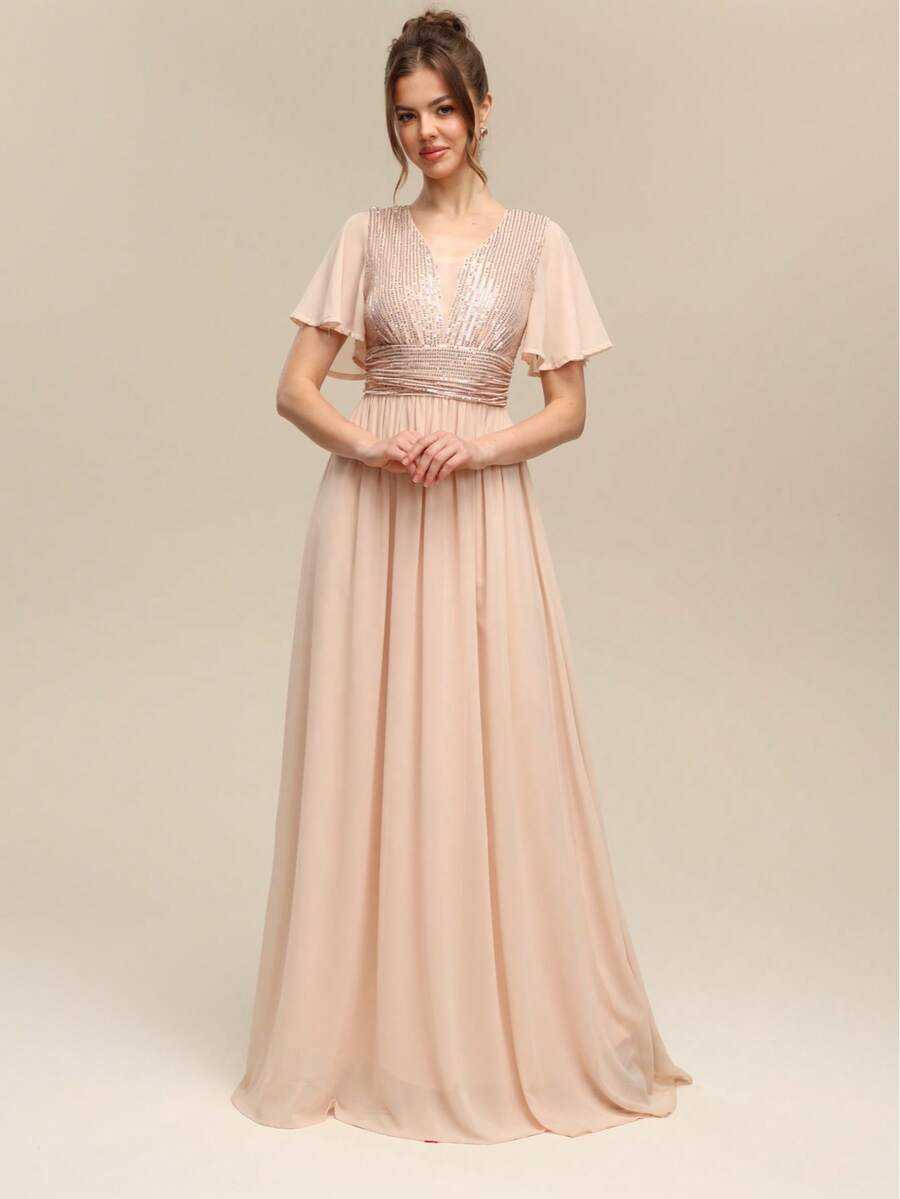 Women's Sequin Patchwork Pleated Elegant Waist Formal Dress Wedding Party - Champagne - View 1