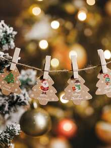 96pcs Vintage Christmas Tree Shaped Slogan Pattern Gift Tags With Rope, Santa Claus And Snowman Pattern Paper Gift Decoration Labels, Suitable For Christmas Party Gifts, Christmas - Christmas Tree Shape - View 6