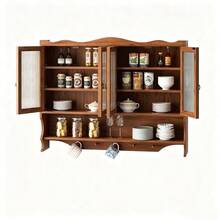 100 Cm Retro Wall Cabinet With 4 Doors, Two-Tier Storage And Open Hook Shelf, Suitable For Bathroom, Kitchen, Dining Room, Brown - 棕色 - 查看 6