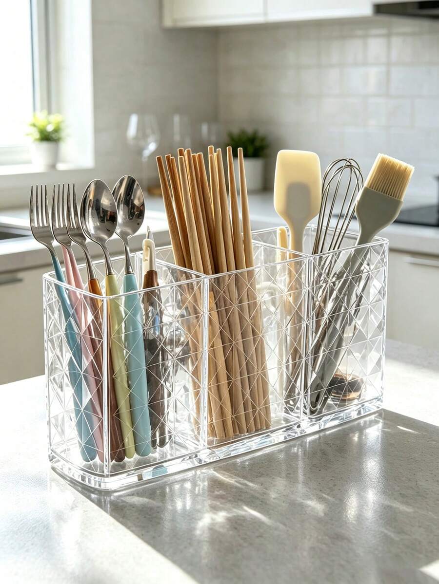 Diamond Pattern 3-Compartment Transparent Storage Box, Multi-Functional Divided Organizer Rack, Bathroom Toiletries, Kitchen Utensils, Desktop Stationery, Large Capacity Pen Holder, Thickened Acrylic Waterproof Easy To Clean