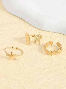 1 Set de Anillos con Diseño de Estrella de Mar, Concha y Ventilador de Viento Oceánico - Dorado - Ver 3