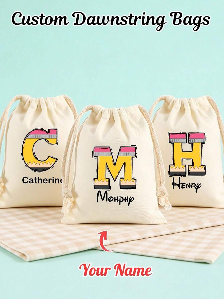 Customized Name Canvas Drawstring Bag, Personalized Pencil Letter Storage Bag, Back To School Supplies, Travel Storage Bag, Daily Storage Gift - Multicolor - View 1