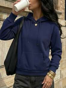 Women's Autumn/Winter New Solid Color Hooded Sweatshirt, Drawstring Design, With Pockets, Casual Versatile Loose Fit Top, Fashionable Daily Wear - Navy Blue - View 1