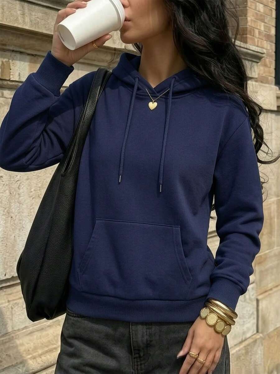 Women's Autumn/Winter New Solid Color Hooded Sweatshirt, Drawstring Design, With Pockets, Casual Versatile Loose Fit Top, Fashionable Daily Wear - Navy Blue - View 1