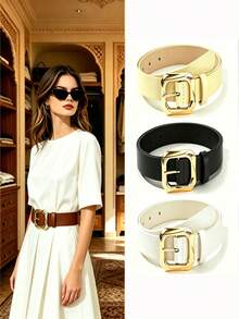 3pcs Women's Fashion Buckle Belts, Daily Commute Street Style Waist Belts - 3pcs (black + Camel + Khaki) - View 2