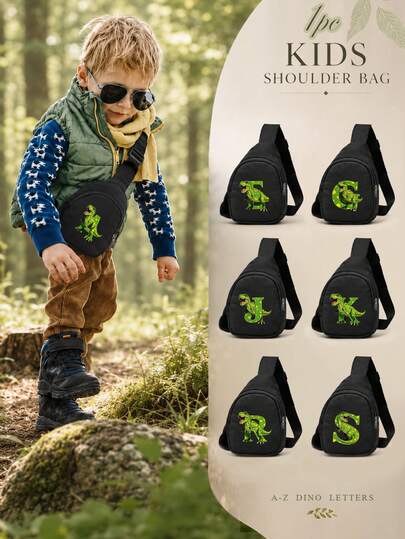 1PC Toddler Black Cartoon Tyrannosaurus Rex 26 Letters Print Crossbody Chest Bag, Cute Dinosaur Pattern One Shoulder Small Sling Bag, Suitable For Boys Birthday Gift, Casual Small Bag For Travel And School
