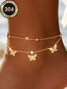 ZCNC 2 piezas/Set Tobillera de Mariposa Elegante y Alegre Chapada en Oro de 18K para Mujer, Apilable, Resistente al Agua, Conserva el Color, Adecuada para Uso Diario, Vacaciones en la Playa, Fiesta, Aniversario, Halloween, Navidad y Otros Regalos Festivos - Dorado - Ver 1