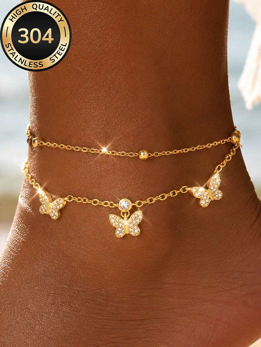 ZCNC 2 piezas/Set Tobillera de Mariposa Elegante y Alegre Chapada en Oro de 18K para Mujer, Apilable, Resistente al Agua, Conserva el Color, Adecuada para Uso Diario, Vacaciones en la Playa, Fiesta, Aniversario, Halloween, Navidad y Otros Regalos Festivos - Dorado - Ver 1