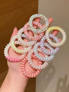 Random Style 9pcs Summer Sweet Fruit Cartoon Print, Fashionable Minimalist Spiral Hair Ties, Suitable For Ponytail And Bun Hairstyles, Fashionable Soft Hair Scrunchies Bracelets, Casual Sports Hair Ties, Bun Hair Ropes, Can Be Given As Hair Accessories Gifts, Youthful, Meet Daily Matching Needs - Multicolor - View 4