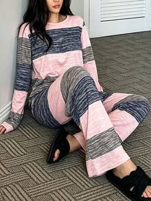 女款條紋拼色圓領長袖上衣與長褲家居服套裝 - 彩色 - 查看 5