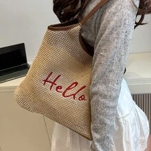 新作 レディースバッグ 韓国風 編み込み ハンドバッグ ビーチリゾート ビーチバッグ レディース レイジー ショルダーバッグ - カーキ - チェックする 2