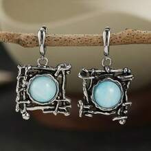 Gmzalx Women's Vintage Branch Texture Hanging Earrings, Versatile Elegant Daily Commute Accessory - Light Blue - View 3