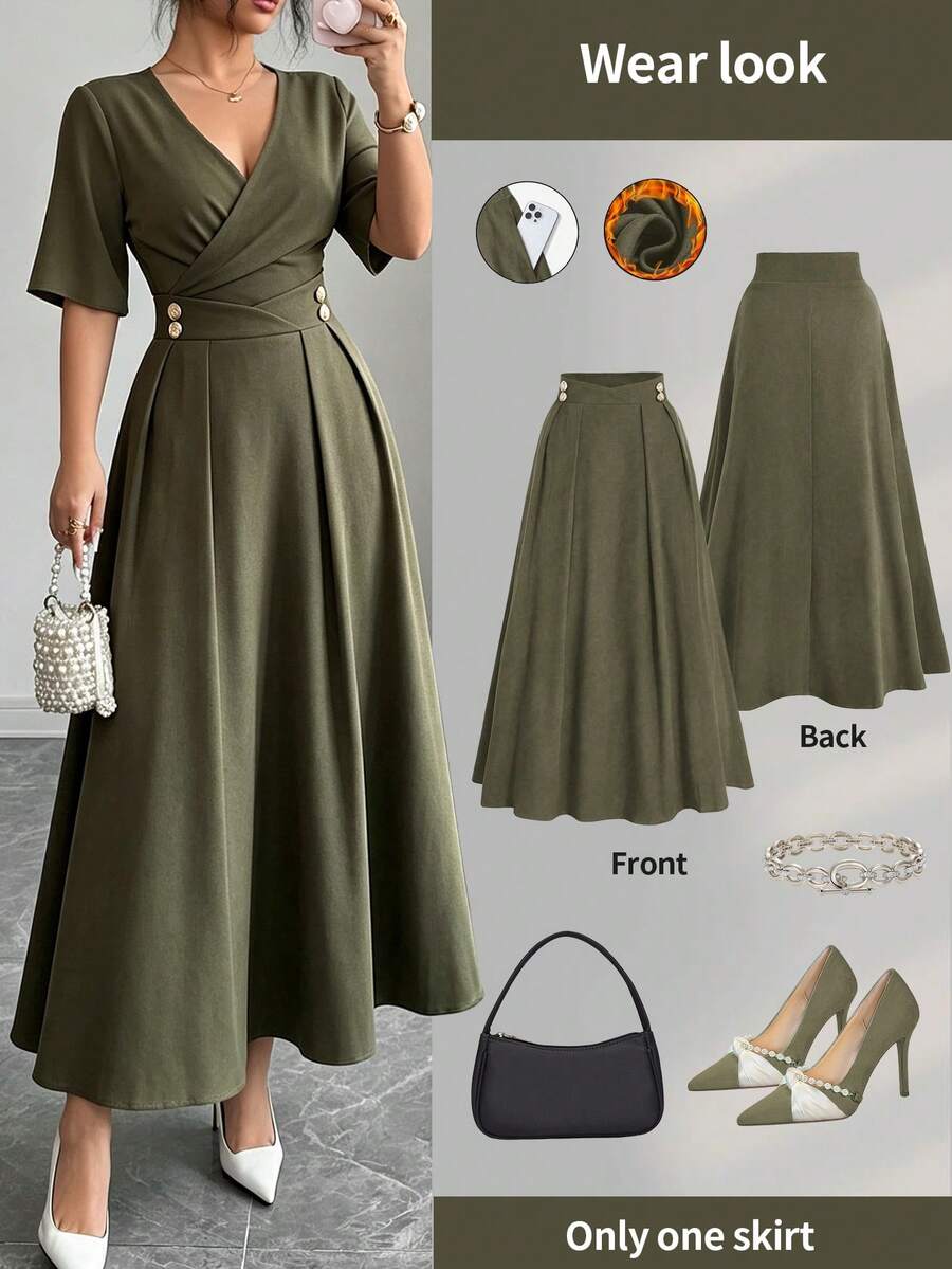 Women's Elegant High Waist Solid Color Pleated A-Line Skirt Spring - Army Green - View 1