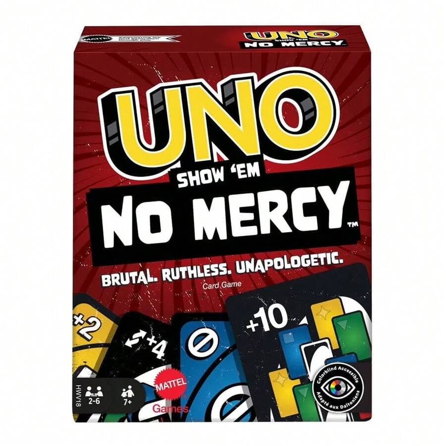 Mattel UNO Show 'em No Mercy 卡牌遊戲,適合成人、家庭聚會與旅行,包含額外卡牌、特殊規則與更嚴厲的懲罰 - HWV18 - 查看 1