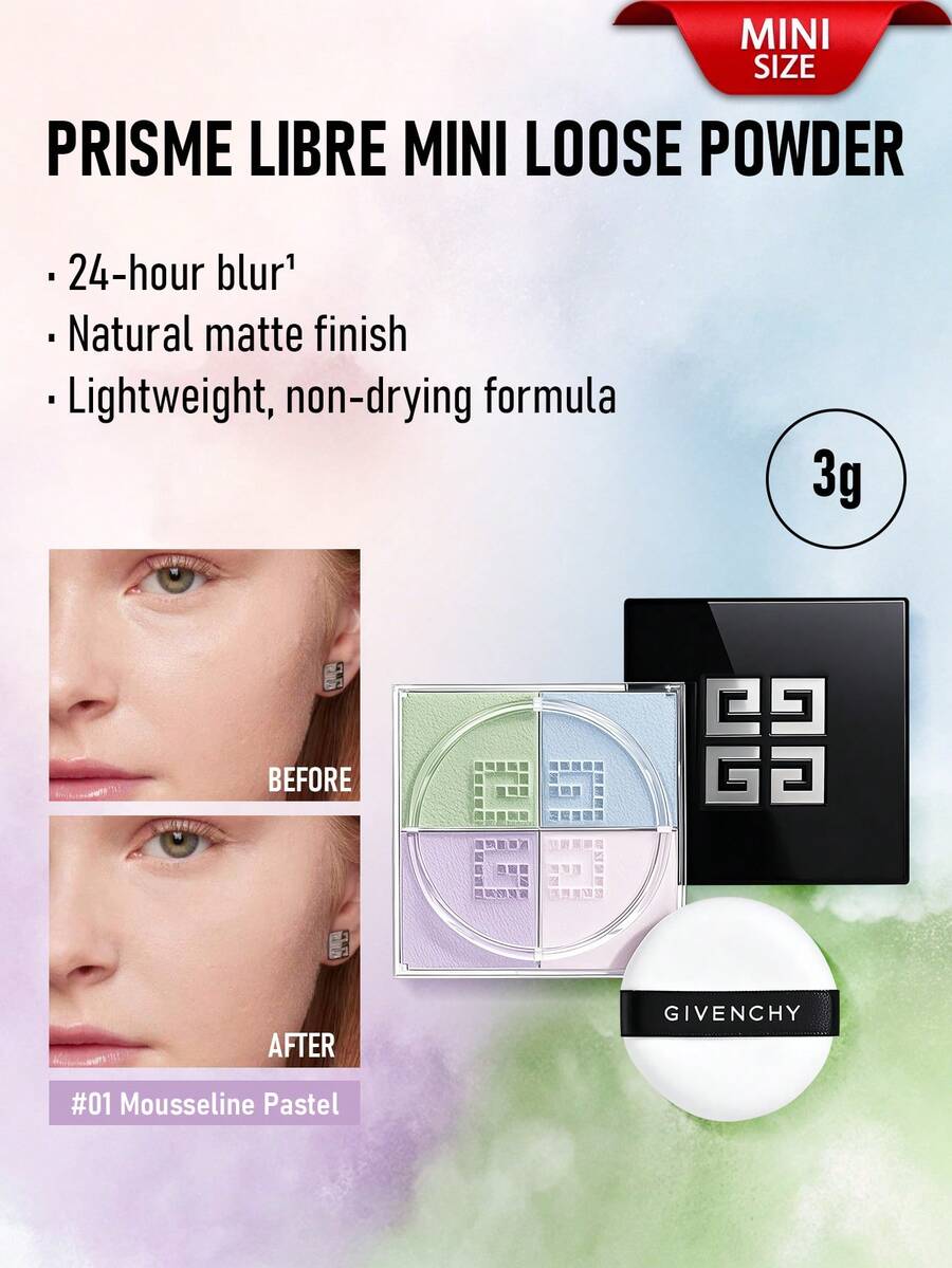 Givenchy Prisme Libre 4-Color Mini Loose Powder #01 Mousseline Pastel (For Fair-To-Light Skin Tones) Color Mini Size 3g/0.1 Oz | Improved Ultra-Fine Setting Powder | With 24-Hour Luminous Matte Finish And 12-Hour Set & Blur - 01Mousseline Pastel (Mini) - 3g - View 1