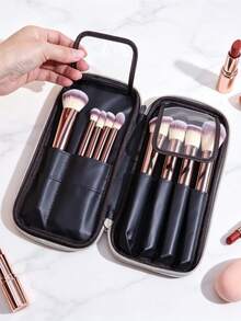 1pc Handheld Makeup Brush Storage Bag, Silver, Double Zipper, Travel Portable, Multi-Compartment, Dust-Proof Makeup Bag (Makeup Brushes Not Included) - Multicolor - View 5