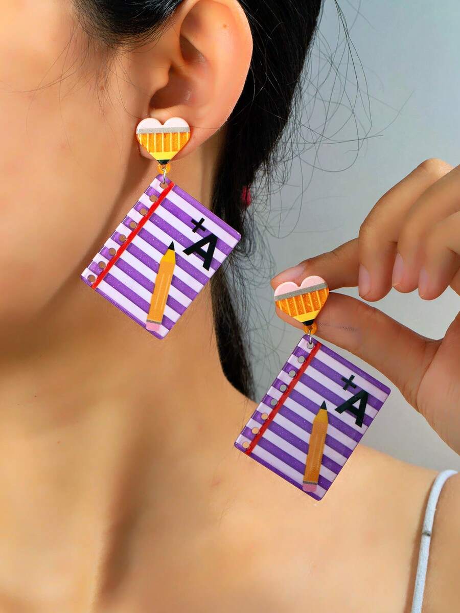 1 Pair Cross-Border Student Teacher's Day Acrylic Pencil A+ Stud Earrings Creative Printed Letter Heart Jewelry - Multicolor - View 1