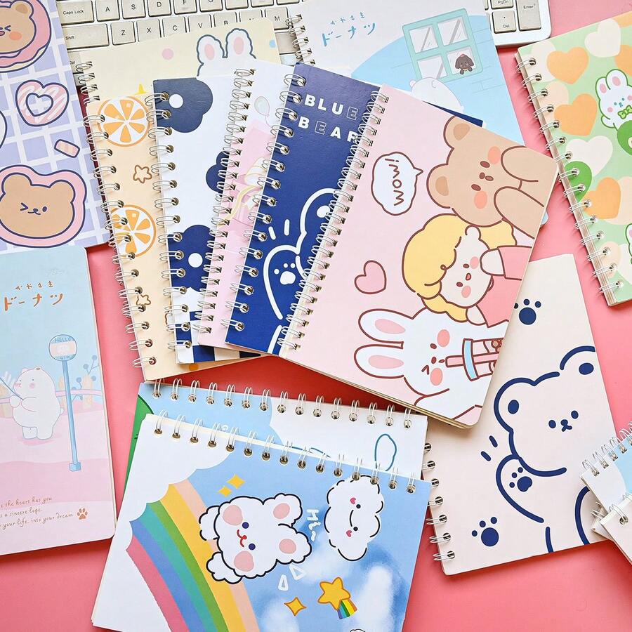 4本 A5尺寸 60頁 極簡圖案 螺旋裝訂筆記本，卡通設計適合學生，厚實線條內頁，返校必備 4入組