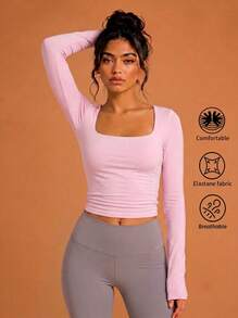 Never me Women's Sports T-Shirt, Square Neck Long Sleeve Top, Ruched Waist, Cropped Fit, High Elasticity Yoga Fitness Base Layer - Pink - View 3