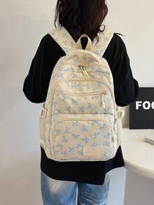 3-Piece Set Blue And White Nylon Casual Fresh Style Strawberry Bow Cherry Pattern All-Over Print Braided Pendant Zipper Pull Large Capacity Foldable Multi-Pocket Zipper Backpack Set Suitable For Women's Daily Matching, College Students' Class Training Bag, Students' School, Outing Shopping Travel Storage Bag - Blue and White - View 7