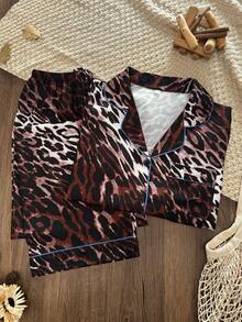 Women's All-Over Leopard Print Front Button Pajama Set, Contrast Trim Lapel Long Sleeve Long Pants 2 Pieces Loungewear Set - Multicolor - View 9
