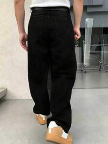 青少年男孩時尚休閒 Y2K 復古酷炫街頭風 開學季大學風 黑色寬鬆舒適極簡基礎牛仔長褲 - 黑色 - 查看 2
