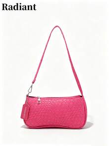 Women's Woven Texture PU Leather Zipper Small Casual Shoulder Bag, Daily Use Crossbody Bag (Gift Bag Not Included) - Pink - View 3
