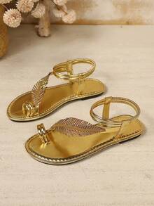 Women's Flat Slides 2026 Spring/Summer New Comfortable Gold Leaf Design Fashion Beach Slippers Toe Cap Thong Outdoor House Slippers - Gold - View 6