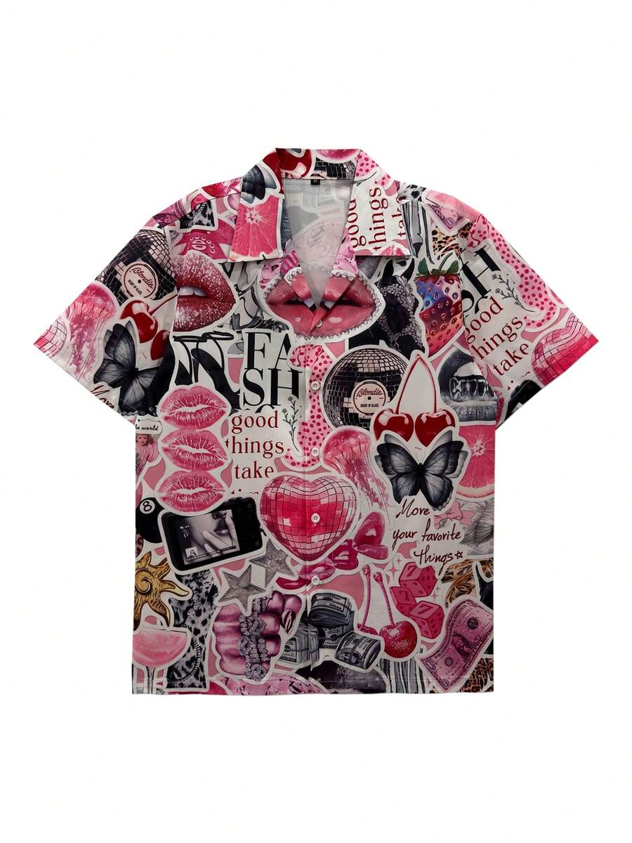 Printed Shirt, Pink, Girl Style, Lips Butterfly Cherry Pattern, Street Hip Hop, Short Sleeve Shirt, Casual Daily, Street Art, Beach Vacation, Fashion - Pink - View 1