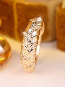 1pc Elegant Gold Woven Texture Ring, Inlaid With White Cubic Zirconia, Women's Personalized Accessory, Suitable For Party Anniversary Gift - Yellow Gold - View 6