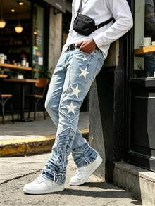 Men's Frayed Hem Slim Fit Jeans, Fashionable Flared Pocket Denim Pants, Comfortable Machine Washable, Versatile Wardrobe Essential For All Seasons - Light Wash - View 1