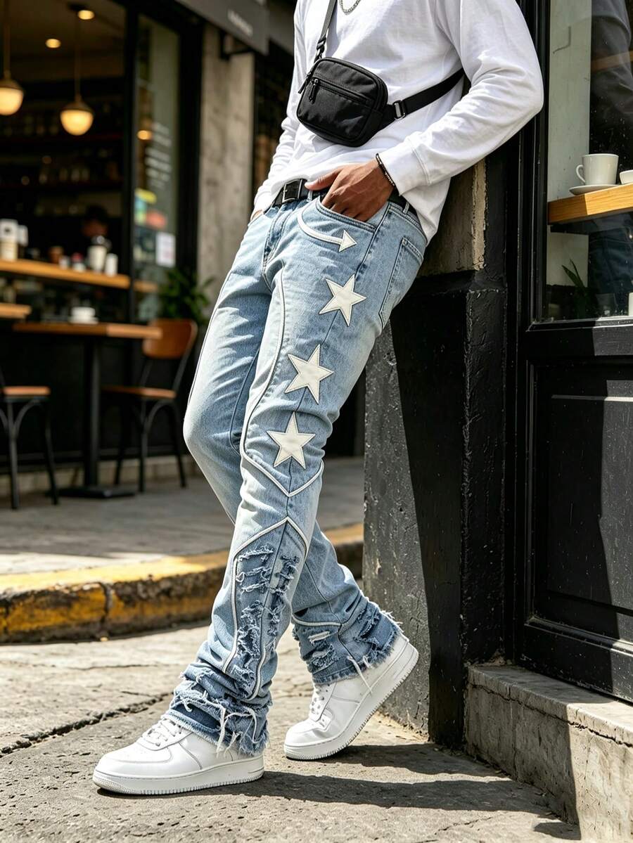 Men's Frayed Hem Slim Fit Jeans, Fashionable Flared Pocket Denim Pants, Comfortable Machine Washable, Versatile Wardrobe Essential For All Seasons - Light Wash - View 1