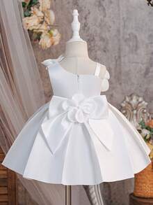 Baby Girls Asymmetrical Shoulder Solid Color Flower Beaded Bow Satin Elegant Birthday Party Dress, Suitable For Flower Girl Wedding, Headband Not Included - White - View 1