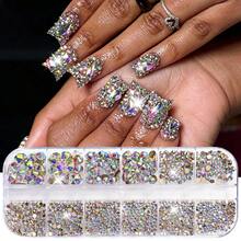 12-Grid Colorful Nail Rhinestone Set, 3D Multi-Size Crystal Rhinestone Nail Art Decorations, Shiny Flat-Back Round Gemstones, AB Color Nail Decoration Rhinestones, DIY Nail Art Supplies - 彩色 - 查看 3