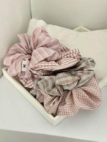 1PC/4pcs Plaid Casual Polyester (Polyester) Korean Style New Pink Tone Checkered Large Scrunchie Sweet Elegant Versatile Ponytail Hair Tie Back Of Head Large Size - Multicolor - View 2