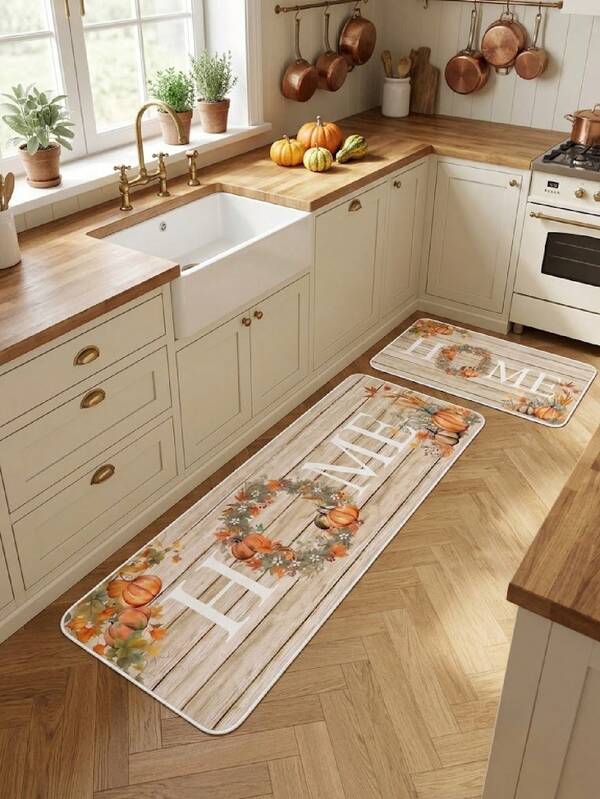 1pc Pumpkin Wreath Pattern Velvet Carpet, Soft Plush, Home Decor, Room Decoration, Home Supplies, Doormat, Living Room Rug, Kitchen Mat, Bedroom Decor, Bathroom Mat, Easy To Clean