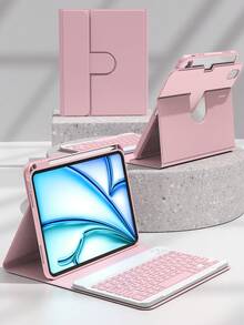 360°旋转键盘保护套，兼容iPad（A16）第11/10代、第7/8/9代，iPad Air第4/5代/(M2) 2024/(M3) 2025，iPad Pro 11英寸（2018/2020/2021/2022），PU皮革材质，内置可拆卸无线键盘，150mAh电池，带Apple Pencil收纳槽，粉色 - 粉色 - 查看 3