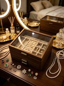 1pc Walnut Wood Multi-Layer Divided Jewelry Storage Box With Glass Visible Lid, Large Capacity Compartments, Luxury Vanity Table Home Use, Necklace Ring Earring Jewelry Dust-Proof Solid Wood Jewelry Box - Multicolor - View 2