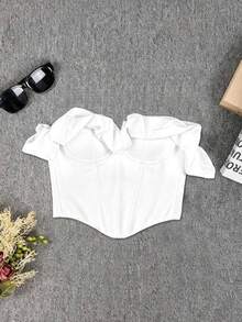 Apperloth A Elegant White Strapless Corset Top, Cold Shoulder Ruffle Trim, Lace-Up Back Design, Boning Structure, Summer Style - White - View 9