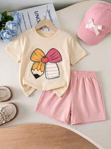2pcs/Set Girls Toddler Summer Cartoon Pencil Bow Short Sleeve T-Shirt & Solid Color Shorts Casual Daily Outfit - Apricot - View 1