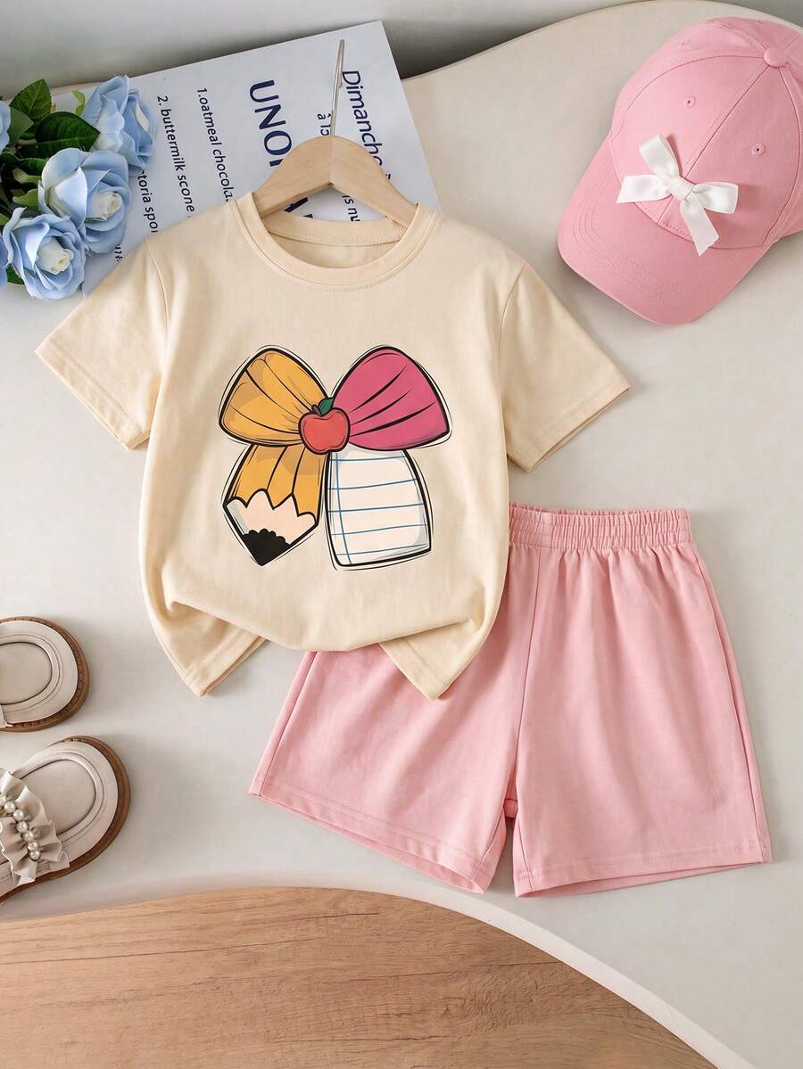 2pcs/Set Girls Toddler Summer Cartoon Pencil Bow Short Sleeve T-Shirt & Solid Color Shorts Casual Daily Outfit - Apricot - View 1